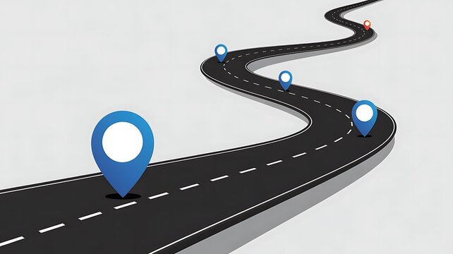 Winding Asphalt Road Journey Concept with Multiple Navigation Map Pin Markers for Travel and Strategic Planning Direction