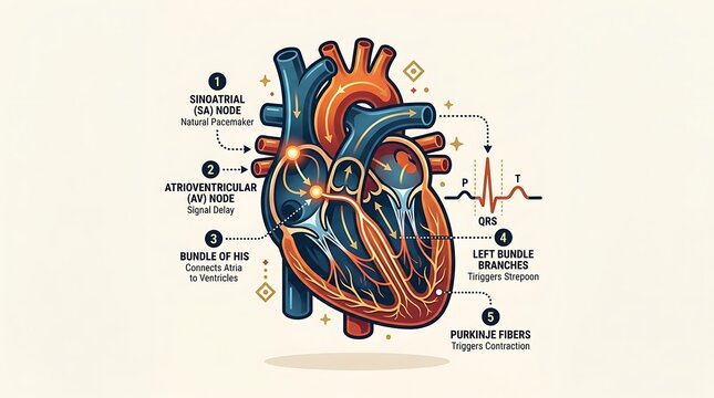 Anatomy diagram of the human heart electrical conduction system