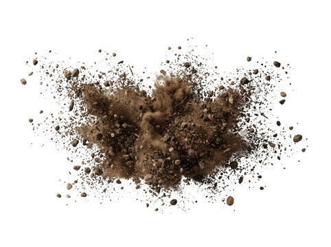 Small pile of dry brown earth soil splashing and exploding into the air