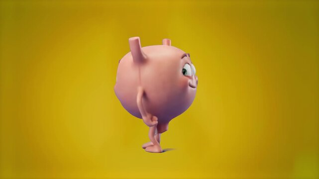 A cute 3D cartoon mascot of a cheerful human urinary bladder organ character performing a playful dance, set against a warm studio yellow backdrop. Excellent for urology wellness campaigns, medical pr