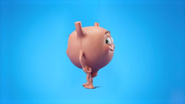 A cute 3D cartoon human bladder organ mascot jumping in place against a vibrant blue studio backdrop. Excellent for urological medical awareness, health software design, educational media, and healthc