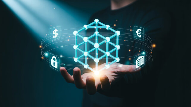 Businessman holding global network connection with dollar, euro, and property icon, financial and business concept.