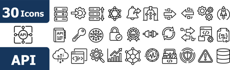 Fototapeta premium A collection of thirty thin line style icons representing various api development and software integration technology concepts