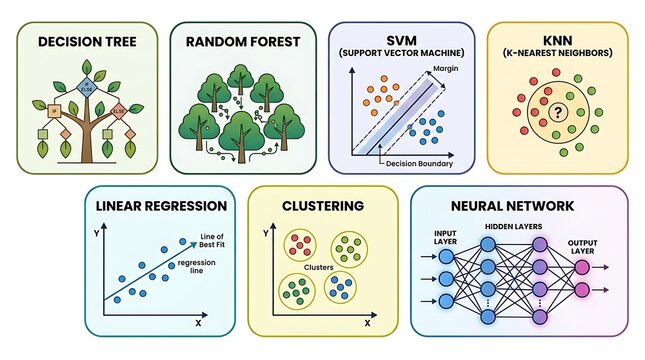 Common machine learning algorithms and data science model diagrams