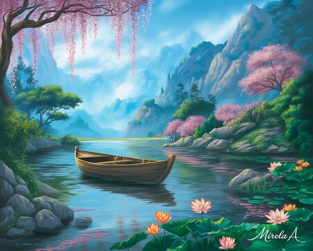 Serene Wooden Boat Floating on a Calm River Surrounded by Blooming Cherry Blossoms and Mountainous Landscapes