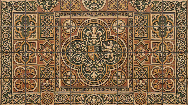 Intricate tile pattern with heraldic symbols, lions, fleur de lis, and geometric designs in earth tones.