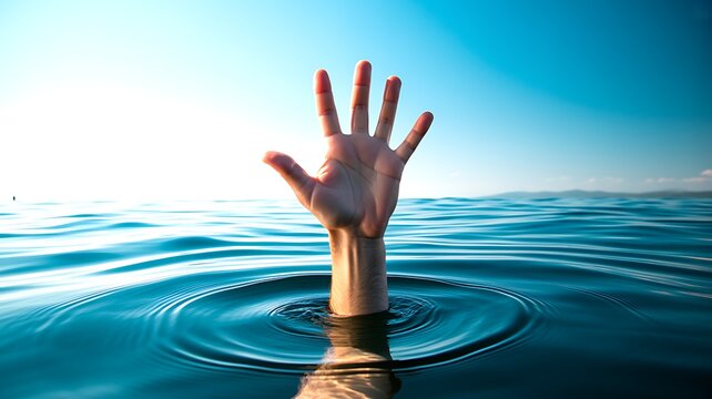 A Desperate Human Hand Reaching Out From Deep Calm Blue Water Seeking Rescue and Assistance