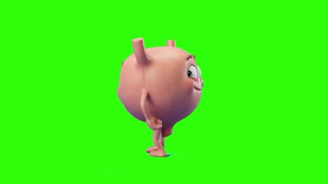 A cute 3D cartoon human bladder organ character dancing dynamically isolated on a bright green chroma key background. Ideal for urology awareness, medical education, healthcare marketing, patient expl