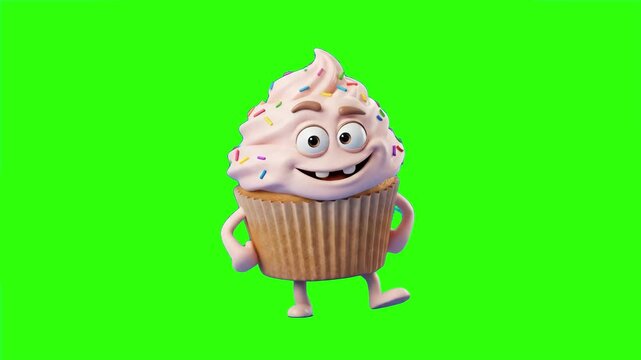 A happy 3D animated cupcake mascot with frosting, sprinkles, and a smiling face dancing playfully on a solid green chroma key background. Great for bakery commercials, sweet treat advertisements, birt