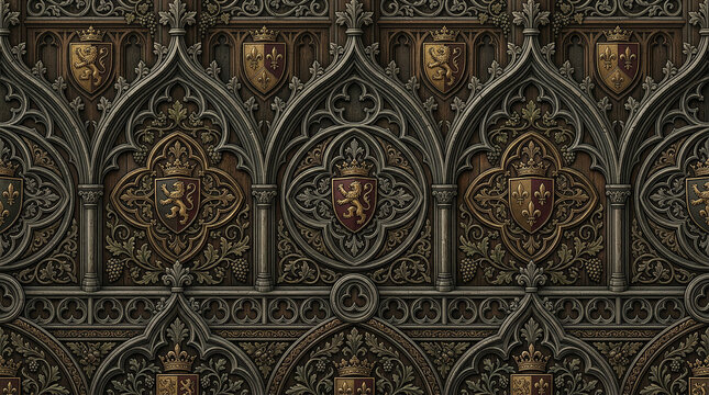 Medieval gothic style background pattern seamless texture heraldry with heraldic shields and stylized lions.