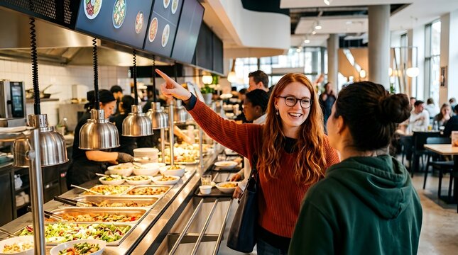 Happy Young Women Choosing Healthy Food at a Modern Self-Service Cafeteria Buffet During Lunch Time