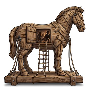 Ancient Greek Trojan Horse Strategy Concept Cartoon Wooden Sculpture with Open Door and Rope Ladders