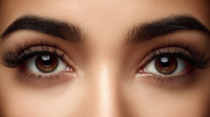 Naklejka premium Close up of brown eyes with dark eyelashes and perfectly shaped eyebrows