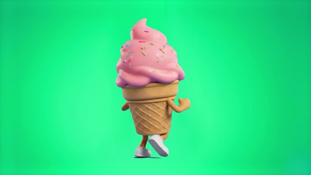 A charming 3D character modeled as a pink soft serve ice cream cone with colorful sprinkles running against a solid green screen backdrop. Designed for easy chroma keying, dessert shop promotions, sum