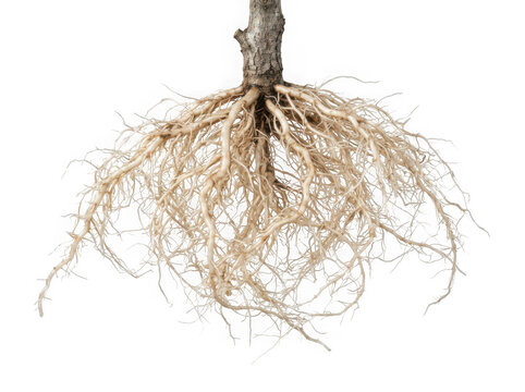 Detailed brown tree roots system with many fine fibers reaching downwards