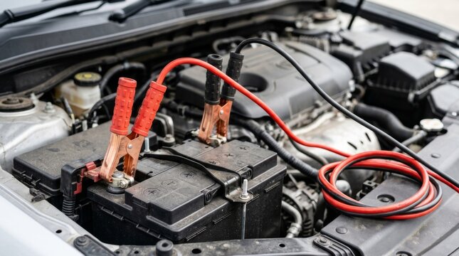 Car battery being jump-started with cables. Close-up of a discharged car battery connected to jumper cables for emergency vehicle power