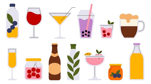 A Collection of Flat Vector Illustrations Featuring Assorted Refreshing Beverages and Gourmet Fruit Jars