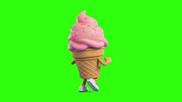 A cheerful 3D cartoon pink ice cream cone character with sprinkles performing a fun dance routine isolated on a bright green chroma key background. Perfect for summer promotions, dessert ads, ice crea