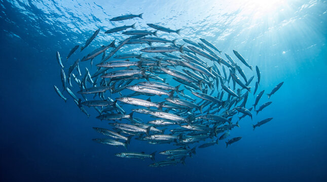 Large school of barracuda swimming underwater in bright blue ocean depths