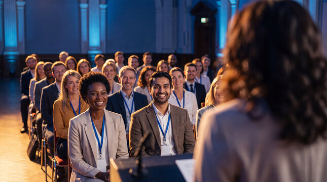 Diverse professional audience attending corporate seminar presentation in large