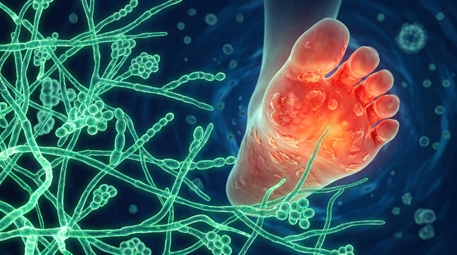 3D microscopic illustration of fungal spores causing athlete's foot infection