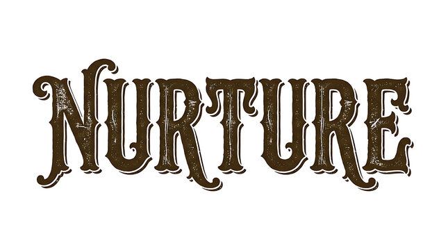 Vintage western style NURTURE text design in rustic brown font isolated on white background