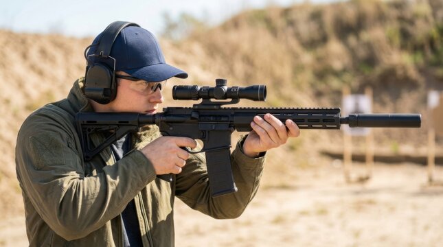 Man firing an AR-15 style rifle at an outdoor shooting range with targets in the background and muzzle flash visible