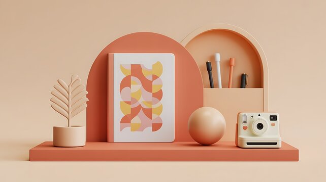 Minimalist Abstract Geometric Art Display with Decorative Objects and Camera on Pastel Pedestal