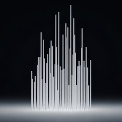 Obraz premium Abstract 3D illustration of multiple white vertical cylindrical columns of varying heights arranged in a cluster on a reflective surface against a dark black background.