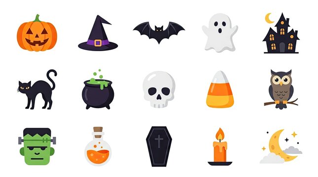 Set of colorful halloween icons featuring spooky characters and traditional seasonal items halloween cauldron illustration collection decoration colorful mystical celebration
