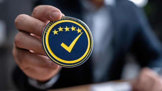 Person holding a badge with stars and a checkmark symbol for quality assurance
