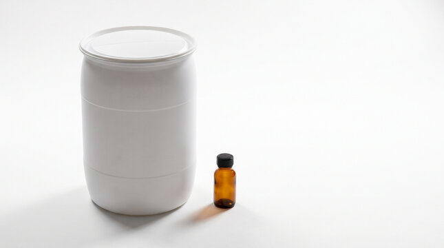 Large white drum and small amber bottle, regulatory loophole concept
