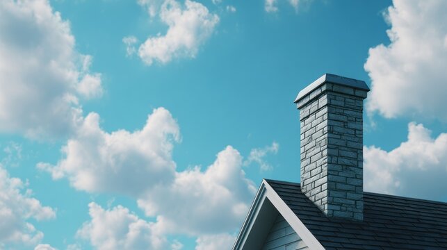 Brick chimney against blue sky with puffy white clouds