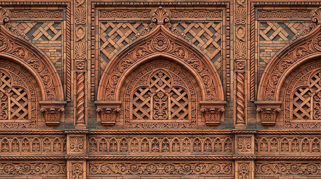 Ornate terracotta architectural facade with geometric and floral patterns.