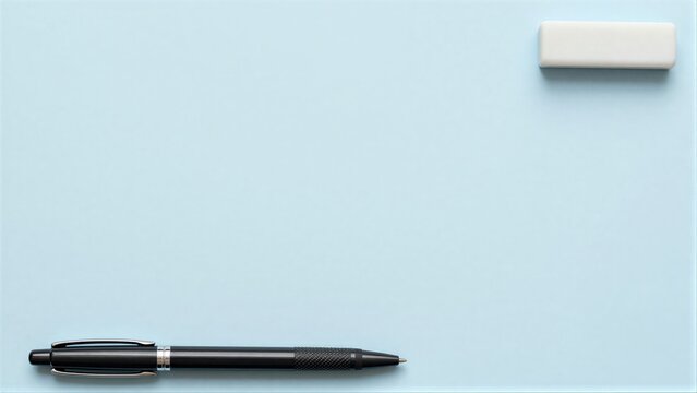Black pen and white eraser on light blue background, minimalist composition.