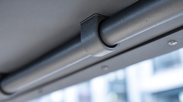 Close up view of metal handrail on a bus or train interior with soft lighting