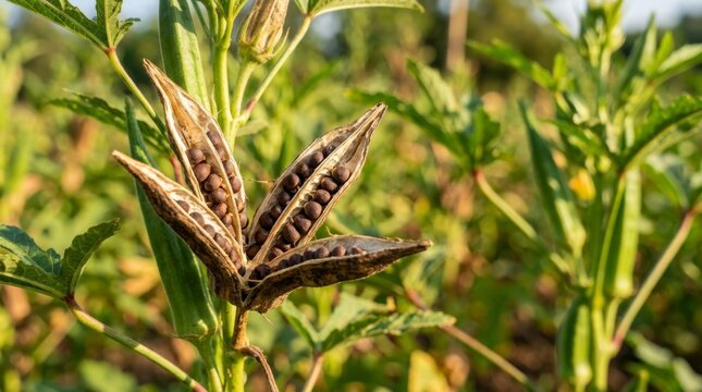 Okra seed pod drying on plant with seeds visible in an agricultural field during harvest season