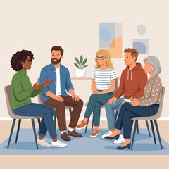 Obraz premium Diverse group of people in a circle, discussing ideas and sharing thoughts in a supportive environment. Flat vector illustration.