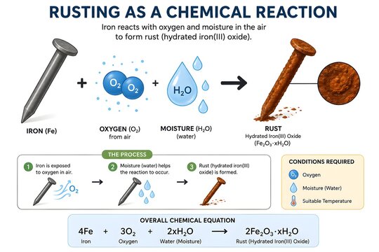 Rusting Reaction Diagram with Iron, Oxygen, Moisture and Rust Formation