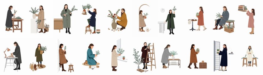 Flat illustration set of female florists and plant enthusiasts in long coats arranging eucalyptus branches, vases, and minimalist home decor on white background. © Rolas