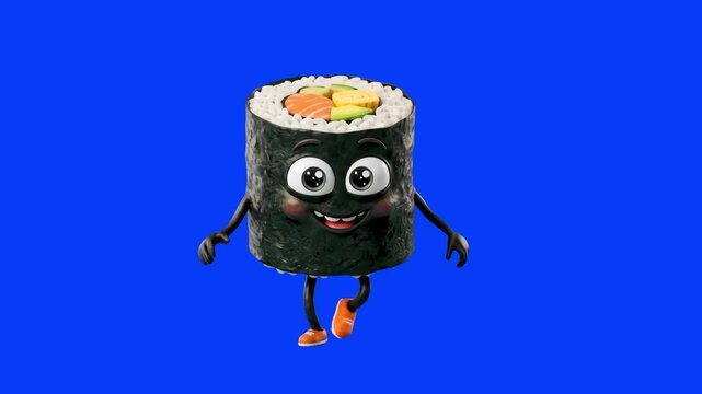 A happy 3D cartoon sushi roll character with seaweeds, rice, and filling performing a fun dance routine isolated on a solid blue chroma key background. Perfect for Japanese restaurant commercials, sus