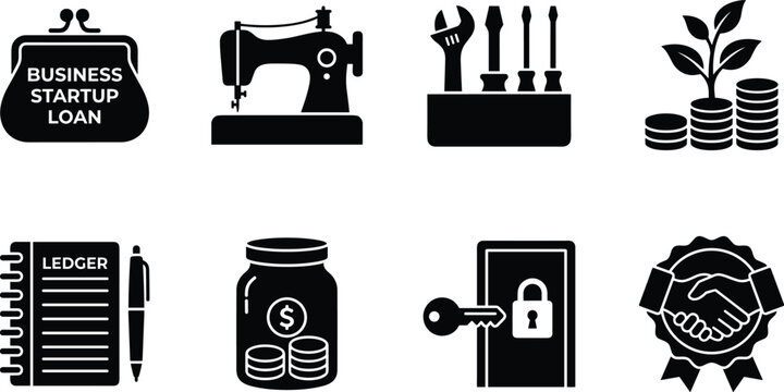 Set of business startup and microfinance icons featuring loan purse, sewing machine, and coin stacks