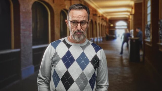 Man with glasses glancing sideways in building corridor, argyle sweater visible; pensive introspection.