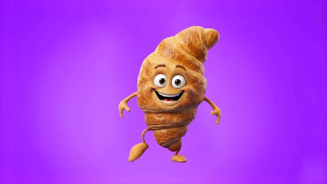 A friendly 3D cartoon French croissant character with a joyful smile dancing isolated on a solid purple backdrop. Great for bakery promos, breakfast cafe ads, pastry shop branding, and food animation 