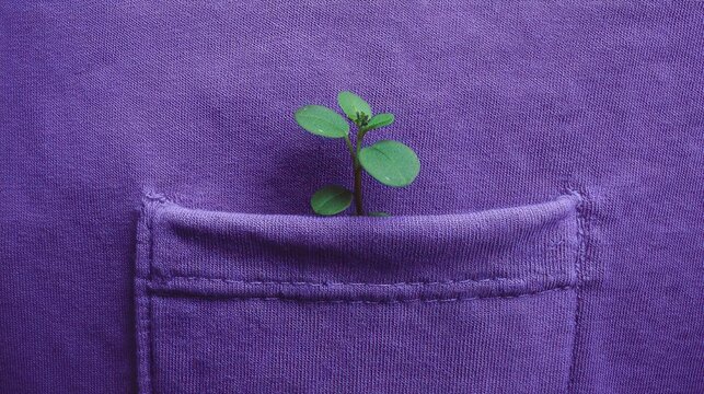 Small green plant sprouting from a purple pocket illustrating growth concept