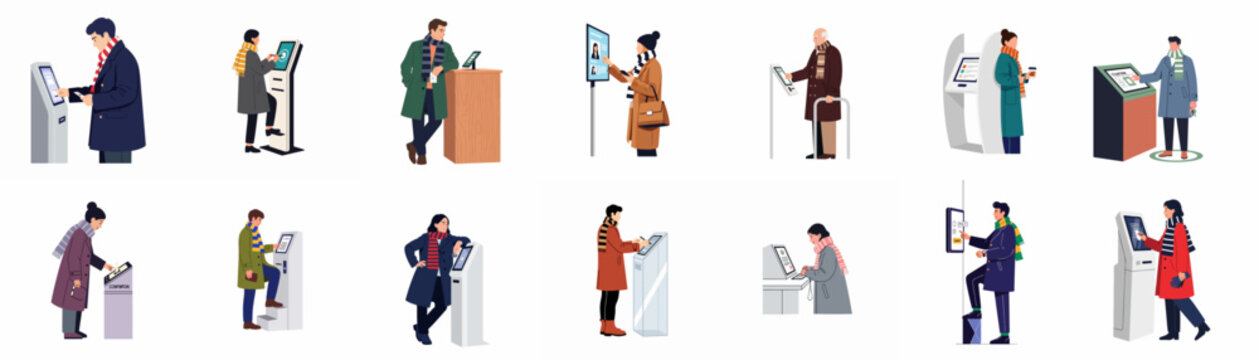 Collection of diverse people in winter clothes using various self-service kiosks, digital touchscreens, and information terminals for different automated services.