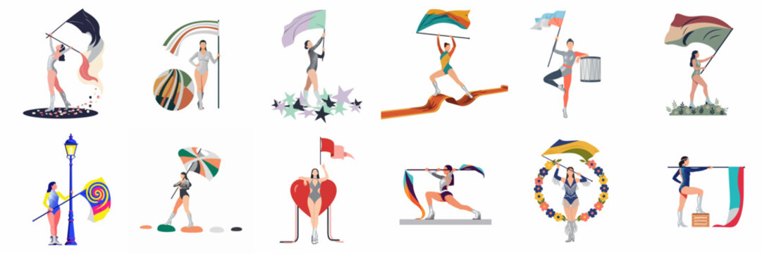 Collection of Flat Vector Illustrations of Color Guard Performers with Flags and Props in Various Poses and Costumes