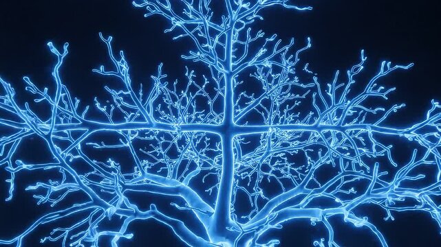Blue Neon Glowing Tree Growing and Expanding Branches Isolated on Black Background, Zooming In