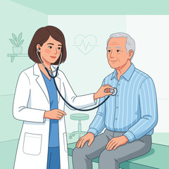 Obraz premium Doctor Examining Elderly Patient with Stethoscope in Clinic, Healthcare Concept