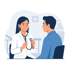 Obraz premium Doctor examining patient with stethoscope in clinic, flat vector illustration